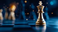 Golden chess king piece standing on blue board with dramatic lighting and bokeh effects, symbolizing leadership, strategy and success in business competition.