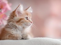 Adorable cream-colored Maine Coon kitten with fluffy fur resting on white surface against soft pink bokeh background with spring cherry blossoms.