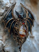 Ornate gothic bat pendant with intricate bronze filigree wings, black enamel details, and amber crystal centerpiece against textured stone background.