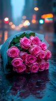 Pink roses bouquet wrapped in cellophane lying on wet surface with blurred city lights and bokeh in background, creating romantic evening atmosphere.
