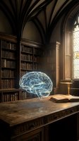 Glowing neon brain hologram floating above wooden desk in gothic library with arched ceilings, bookshelves, and open book. Concept for artificial intelligence, knowledge, learning, and innovation.