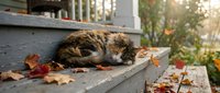 Tabby cat resting on wooden bench surrounded by fallen autumn leaves in garden setting during golden hour, perfect for seasonal and pet-themed designs.