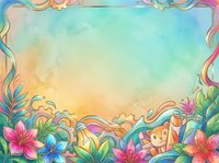 Colorful watercolor fantasy frame with tropical flowers, cute fox, gears, and pastel gradient background, perfect for children cards and invitations.
