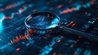 Magnifying glass on financial chart showing stock market data analysis, with blue and orange trading graph reflection through lens on digital screen.