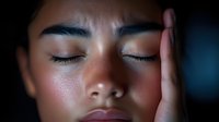 Young Asian woman with closed eyes and glowing dewy skin in dramatic lighting, touching face gently. Natural beauty and skincare concept highlighting facial features.