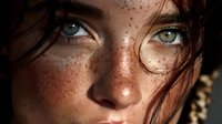 Close-up portrait of young woman with intense green eyes, natural freckles, and tousled brown hair against dark background, capturing raw beauty and emotion.