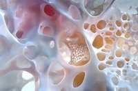 Microscopic view of bone tissue structure showing porous trabecular architecture with interconnected cavities in soft pink and orange tones against white background.