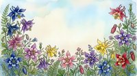 Watercolor wildflower border with colorful blooms in blue, pink, yellow, and red on a soft sky background, perfect for greeting cards.