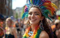 Young woman wearing vibrant rainbow feather headdress and colorful carnival costume smiling during festival parade celebration, expressing joy and festive spirit.
