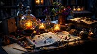 Mystical alchemy laboratory with glowing potions, ancient books, tarot cards and magical artifacts on wooden table in candlelit medieval setting.