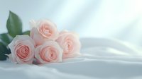 Delicate pink roses lying on soft white silk fabric with gentle folds creating romantic mood and ethereal atmosphere. Elegant floral composition for wedding designs.