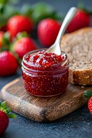 Fresh strawberry jam in glass jar with spoon on wooden board, surrounded by ripe berries and slice of bread, macro food photography on dark background.