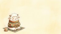 Cute sheep character wearing cozy knit sweater and scarf sits on blanket with yarn and knitting needles, perfect for craft, hobby, and children's content projects.