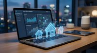 Real estate analytics dashboard on laptop screen showing property market data with holographic house models emerging from keyboard in modern office setting at dusk.