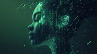 Digital profile of African American woman with glowing green matrix code effect, representing artificial intelligence and machine learning technology advancement.