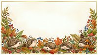 Autumn botanical frame with hedgehogs, mushrooms, berries, and colorful fall leaves, offering a warm vintage style with copy space for text.