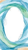 Watercolor ocean waves frame with coral reef elements creating oval border on white background for marine themed designs and tropical invitations.