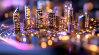 Modern city skyline with illuminated skyscrapers at night, glowing bokeh lights create dreamy atmosphere. Urban architecture captured with selective focus for magical effect.