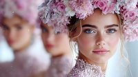 Young woman wearing pink floral crown with roses and chrysanthemums, soft romantic portrait with ethereal lighting and delicate features, natural makeup and blue eyes.