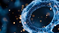Glowing blue energy ring with luminous particles and light effects against dark background creates futuristic sci-fi atmosphere for technology concepts.