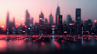 Dramatic cityscape silhouette with neon pink and blue lights reflecting on water surface, urban night skyline with glowing windows and skyscrapers in twilight atmosphere.