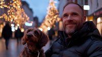 Caucasian man with beard in winter jacket smiling with brown terrier dog on evening city street decorated with glowing Christmas lights and bokeh effect in background.