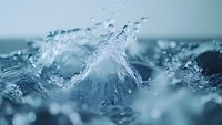 Dynamic water splash captured in macro photography showing crystalline droplets and waves creating natural abstract patterns in cool blue tones.