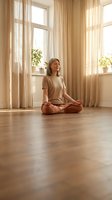 Mature Caucasian woman with gray hair meditating in lotus pose on wooden floor in sunlit room with sheer curtains and plants.