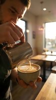 Barista pouring steamed milk into espresso cup creating latte art in modern cafe setting, professional coffee preparation and service.