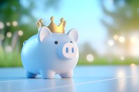 Cute piggy bank wearing golden crown on blurred bokeh background. Financial success concept with soft pastel colors and dreamy lighting effect.