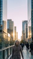 Middle-aged woman with gray hair walking through modern urban canyon at golden hour, surrounded by tall glass and steel skyscrapers, professional business district setting for corporate lifestyle imagery.