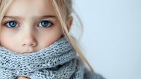 Young blonde girl with striking blue eyes wearing cozy gray knitted scarf wrapped around neck and lower face, looking directly at camera with innocent expression.