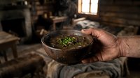 Weathered male hand holding a steaming bowl of rustic mushroom soup in a cozy log cabin interior, evoking warmth and traditional cooking.