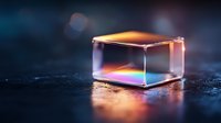 Transparent glass cube with colorful light refraction and bokeh effects on dark reflective surface creates modern minimalist composition with glowing edges.