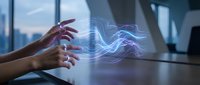 Hands creating digital energy waves with blue light effects in modern office environment for technology and innovation concepts.