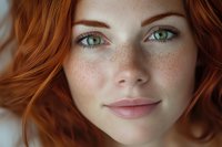 Close up portrait of young woman with natural freckles, bright green eyes and ginger hair looking at camera with gentle smile, soft natural lighting.