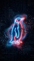 Glowing neon penguin silhouette with blue and pink lights on dark digital circuit board background for technology and wildlife fusion concepts.