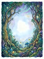 Enchanted forest frame with glowing trees, magical mushrooms, and aurora lights creating a whimsical woodland border for fantasy designs, children's books, and mystical artwork projects.