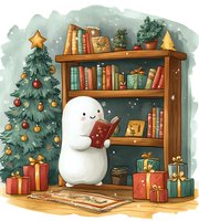 Cute ghost reading book near Christmas tree and wooden bookshelf with presents, cozy winter holiday illustration in warm watercolor style.