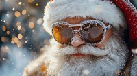 Cheerful senior man in red hat and sunglasses with white beard covered in snow flakes against blurred bokeh lights background during winter holiday season.