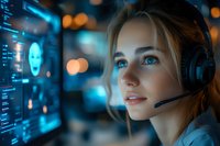 Young female customer service representative with headset working at night, illuminated by blue computer screens showing data analytics and digital interface.