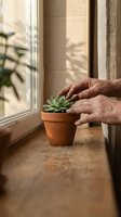 Hands tending a small succulent in a terracotta pot on a wooden windowsill with soft natural light and curtains in background.