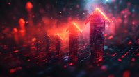 Glowing red arrow charts rise against futuristic cityscape with skyscrapers, depicting financial growth concept in dramatic neon lighting and bokeh effects.
