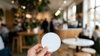 A hand holding a blank white circular card or badge in a modern café setting with blurred customers and warm lighting in the background.