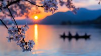 Blooming cherry branches frame a serene sunrise over calm water with a distant boat silhouette and mountains, perfect for travel and nature backgrounds.