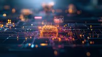 Digital technology concept with glowing circuit paths and nodes on dark background, blurred bokeh lights create futuristic network visualization.