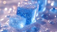Glowing blue ice cubes with magical sparkle effect on blurred bokeh background. Frozen crystal blocks with ethereal light and shimmering frost particles create dreamy winter atmosphere.