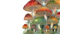 Colorful mushroom cluster with red, green and brown caps featuring white spots on transparent background for design projects.