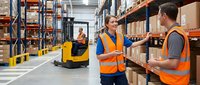 Two warehouse workers in safety vests discussing logistics while colleague operates forklift in modern distribution center with organized shelving systems.