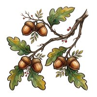 Oak branch with acorns and green leaves isolated on white background, ready for design projects, clipart, and decorative applications.